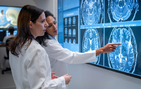 Female doctor pointing out symptom on MRI scan to her colleague.