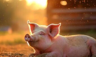 happy-pig-enjoying-golden-hour-sunlight-on-farm-photo