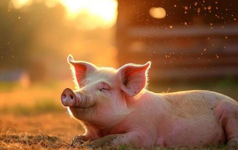 happy-pig-enjoying-golden-hour-sunlight-on-farm-photo